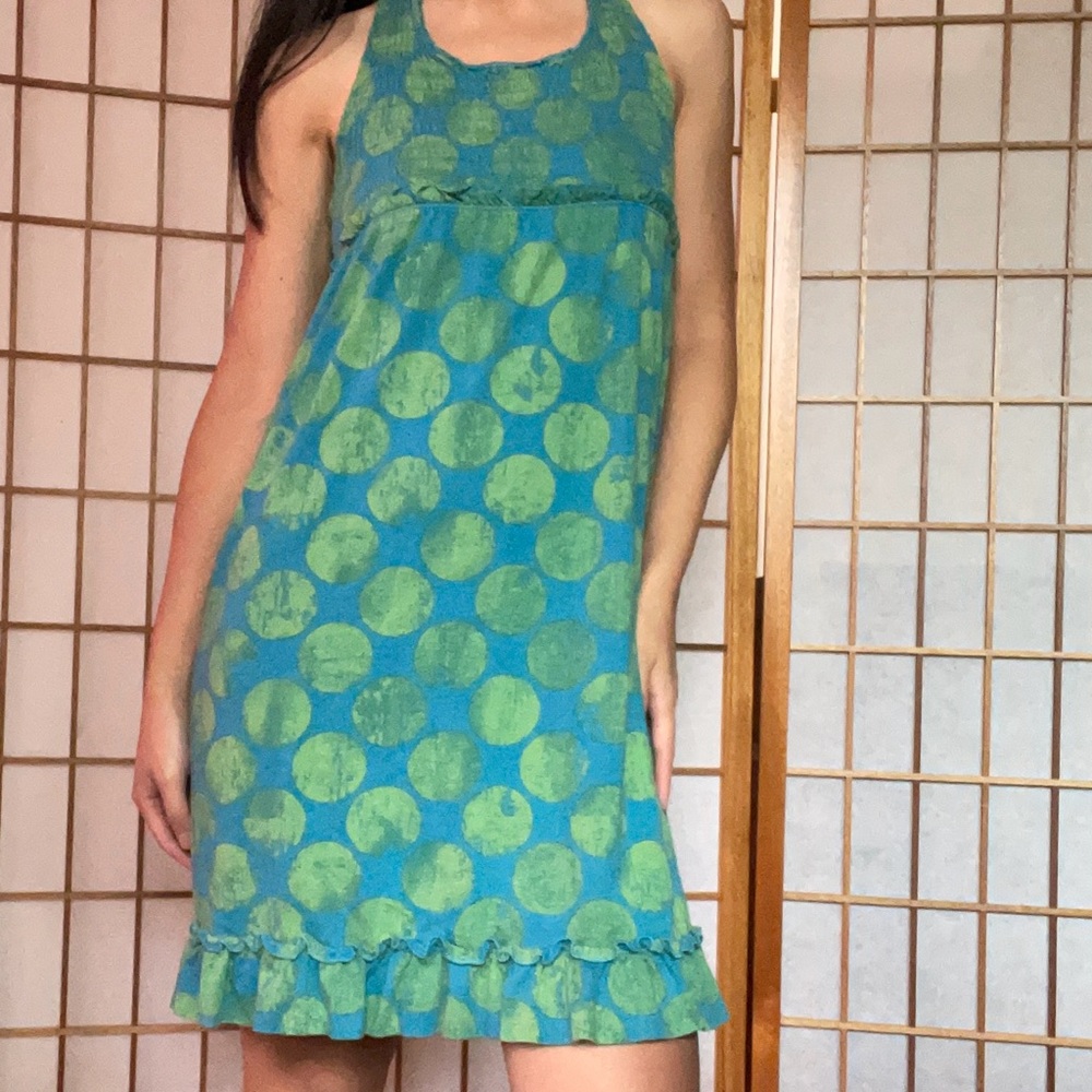 Green and Blue Polka Dot Halter Dress with Shirring Top and Ruffle Detailing